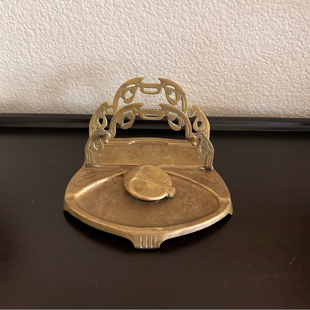 Antique Art Nouveau Brass Inkstand Letter Holder Desk Set c1900 Western Europe
